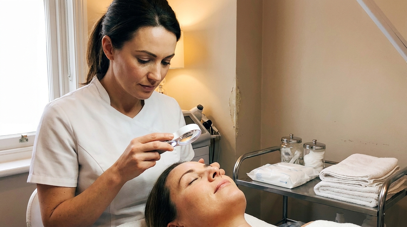 A cosmetic doctor examining a client's skin in warm window light