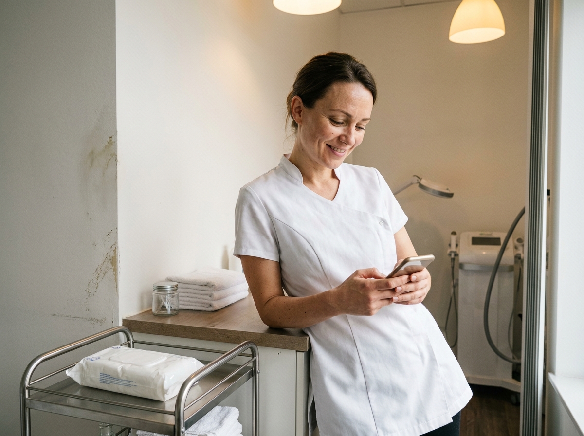 A cosmetic nurse reading a positive client message in warm window light