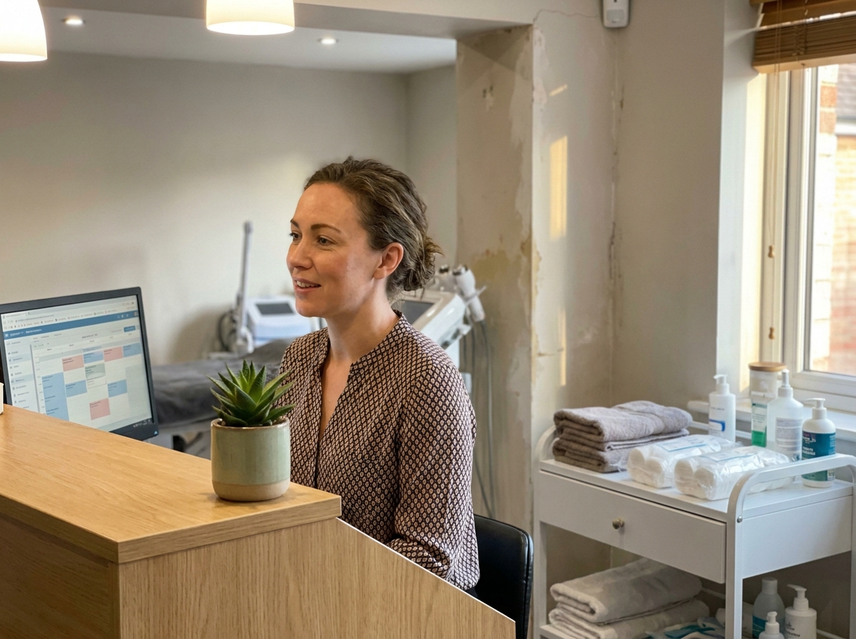 A calm receptionist at a cosmetic clinic front desk talking to a client