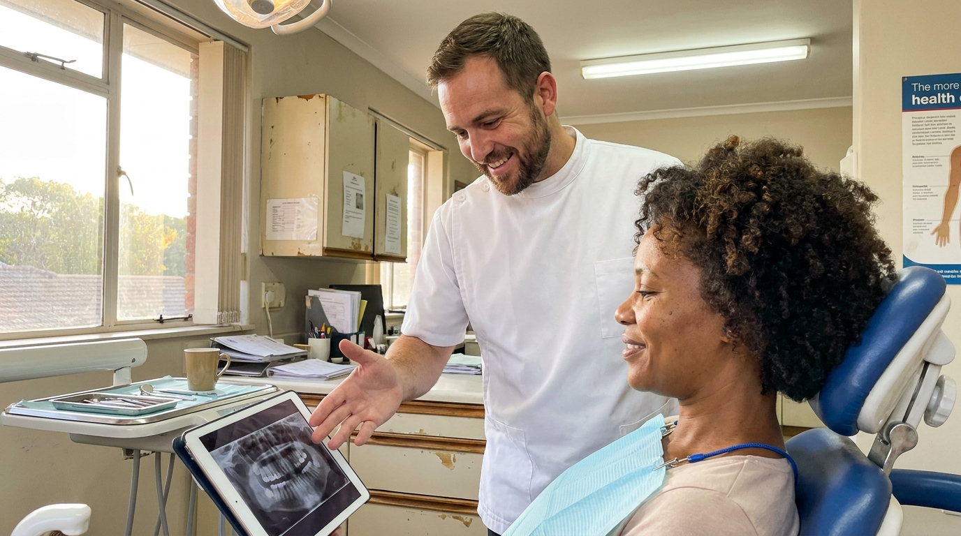 A dentist talking with a patient in afternoon light