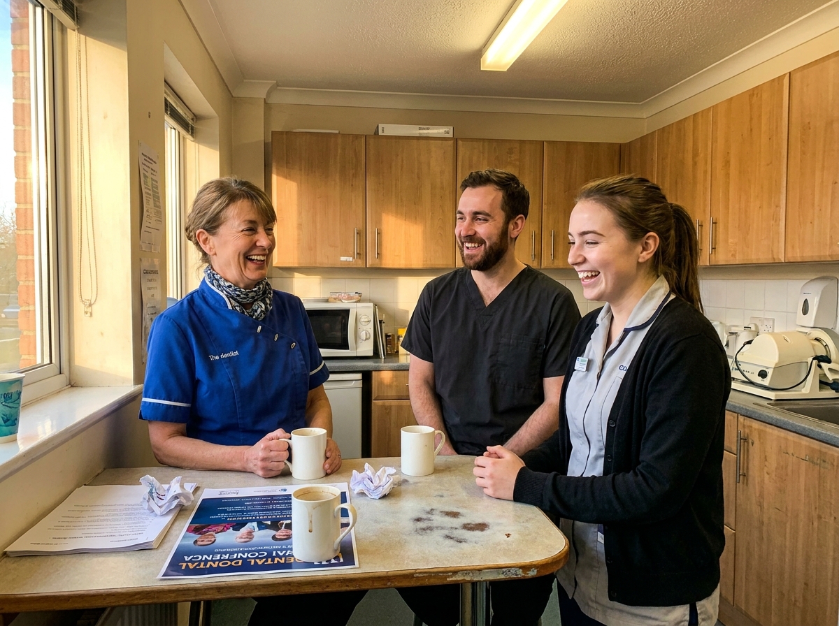 Three dental team members sharing a relaxed moment in a clinic break area