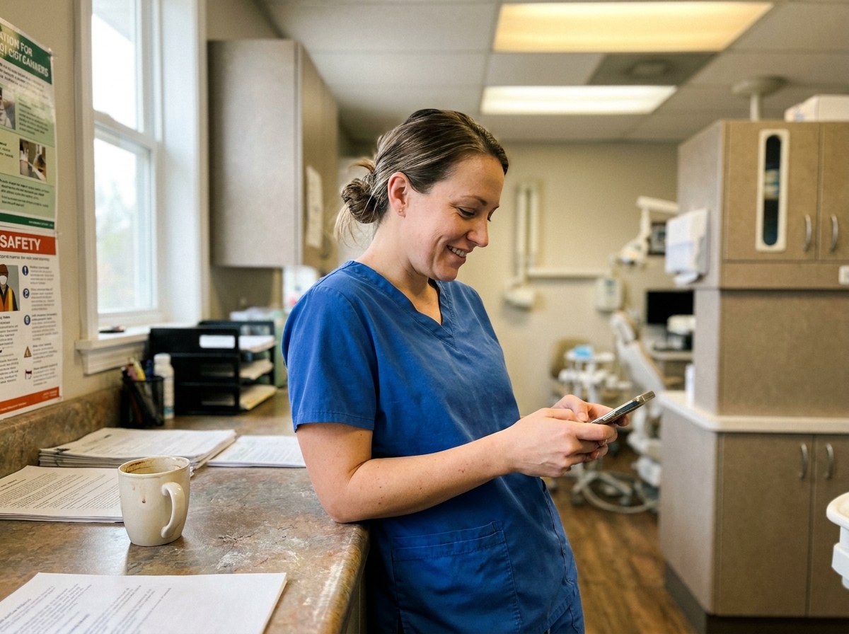 A dental assistant reading a positive client message in afternoon light