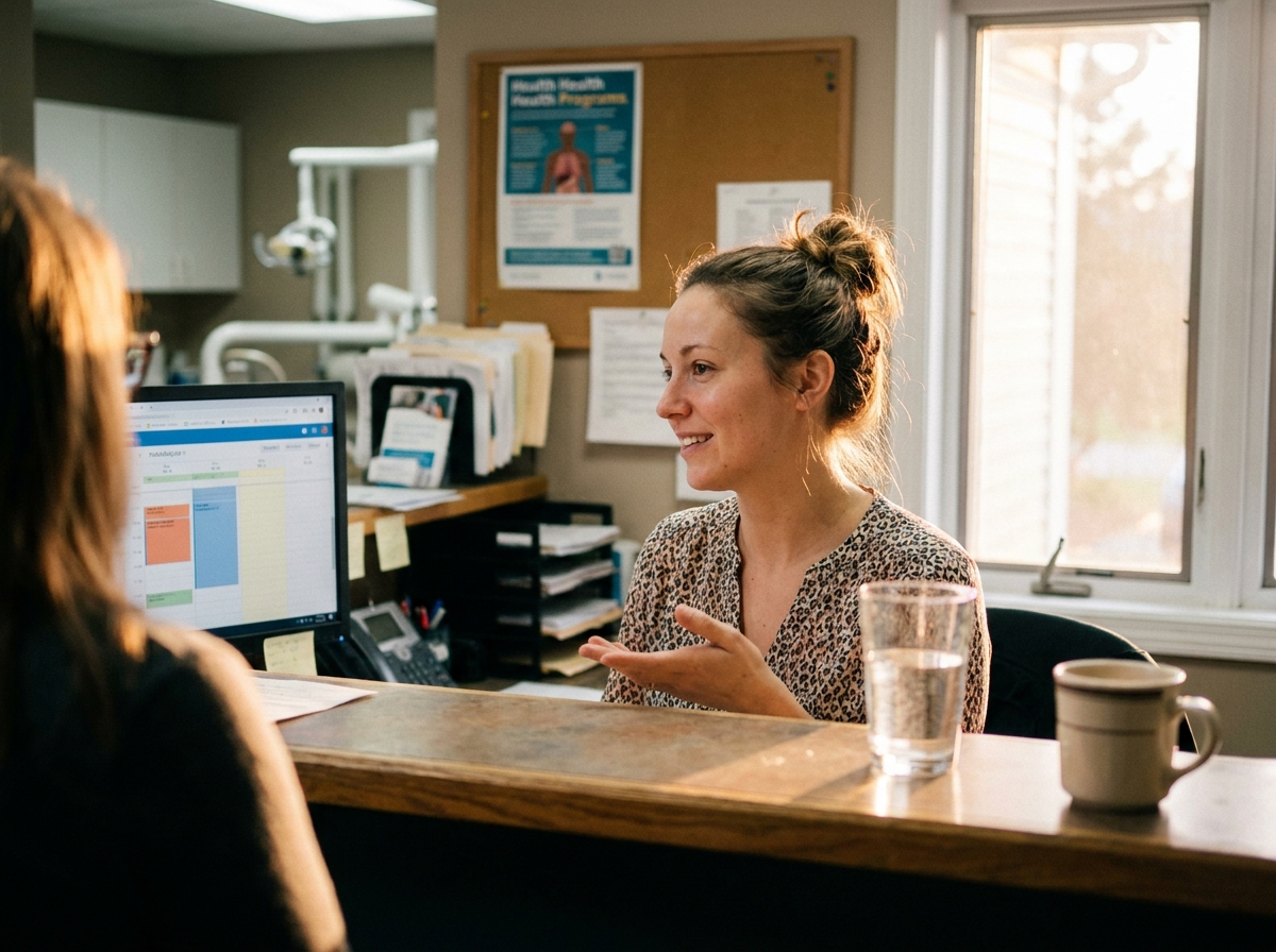 A calm receptionist at a dental front desk talking to a patient