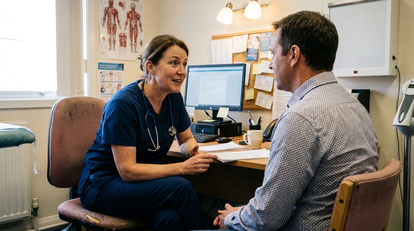 A family GP in conversation with a patient, late-morning light