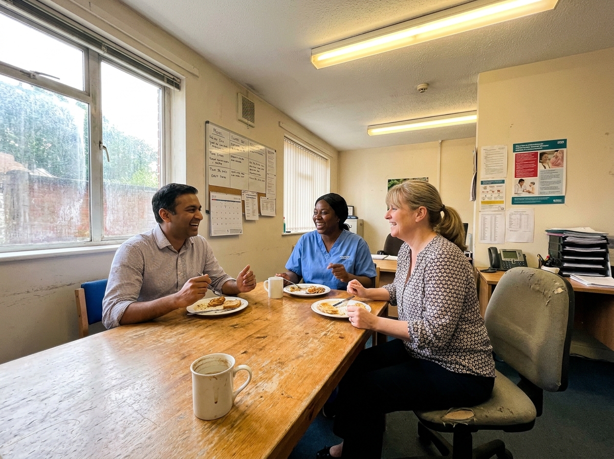 Three family medical practice staff chatting in the staff room