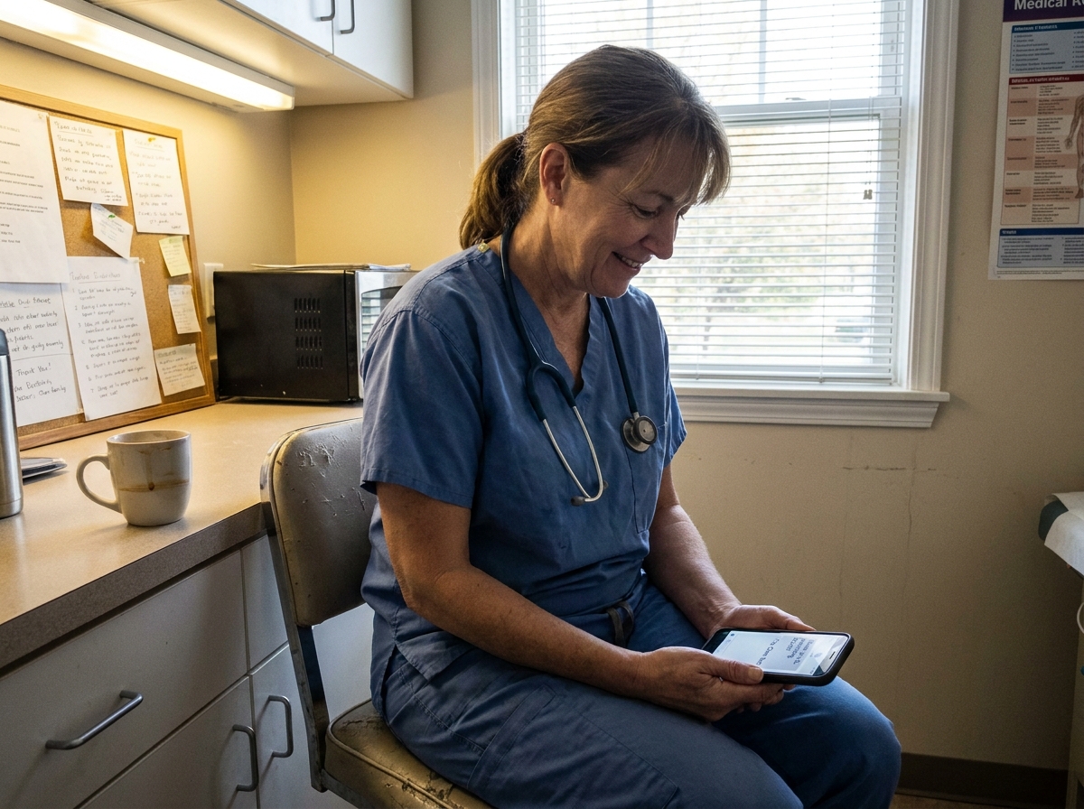 A family GP reading a positive patient message between consults