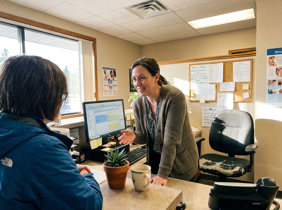 A calm receptionist at a family medical practice front desk
