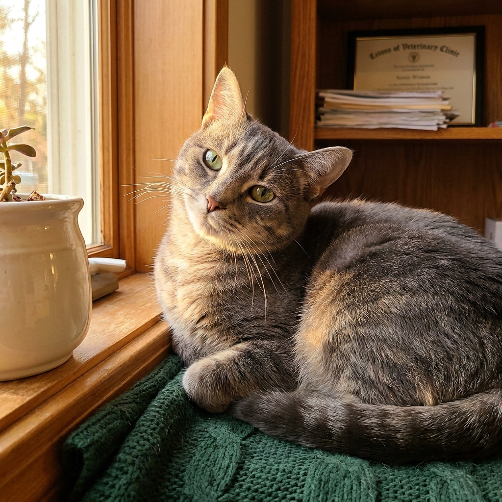 A grey tabby cat with green eyes