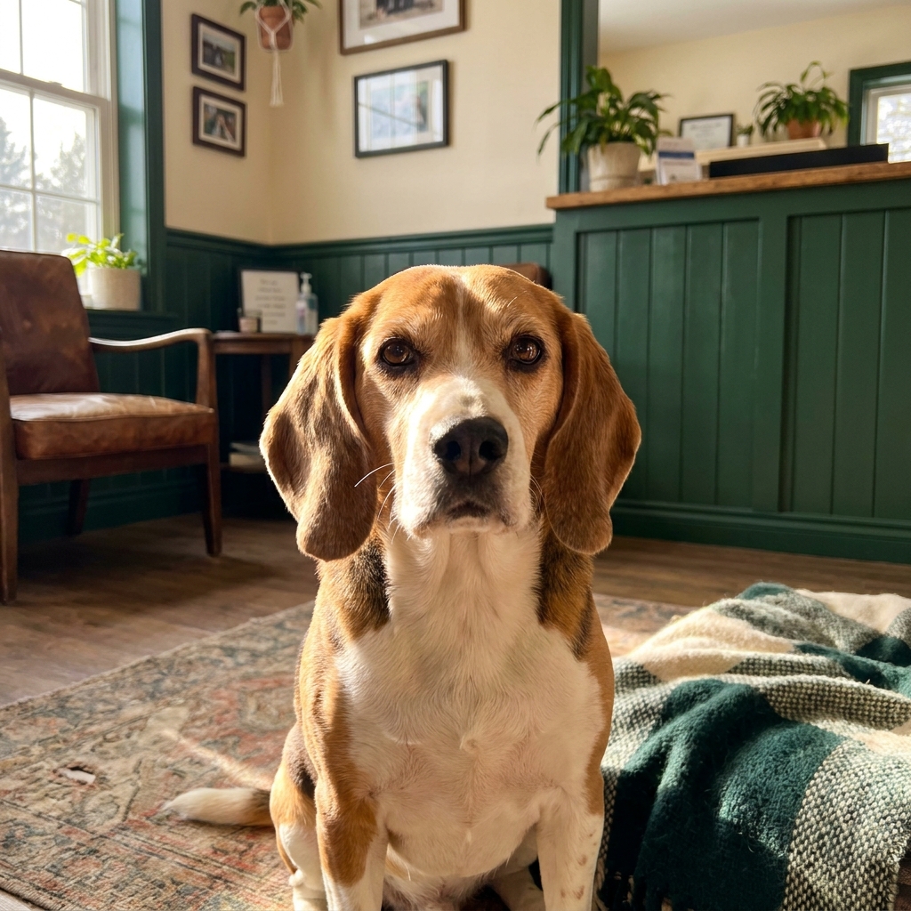 A calm beagle with droopy ears