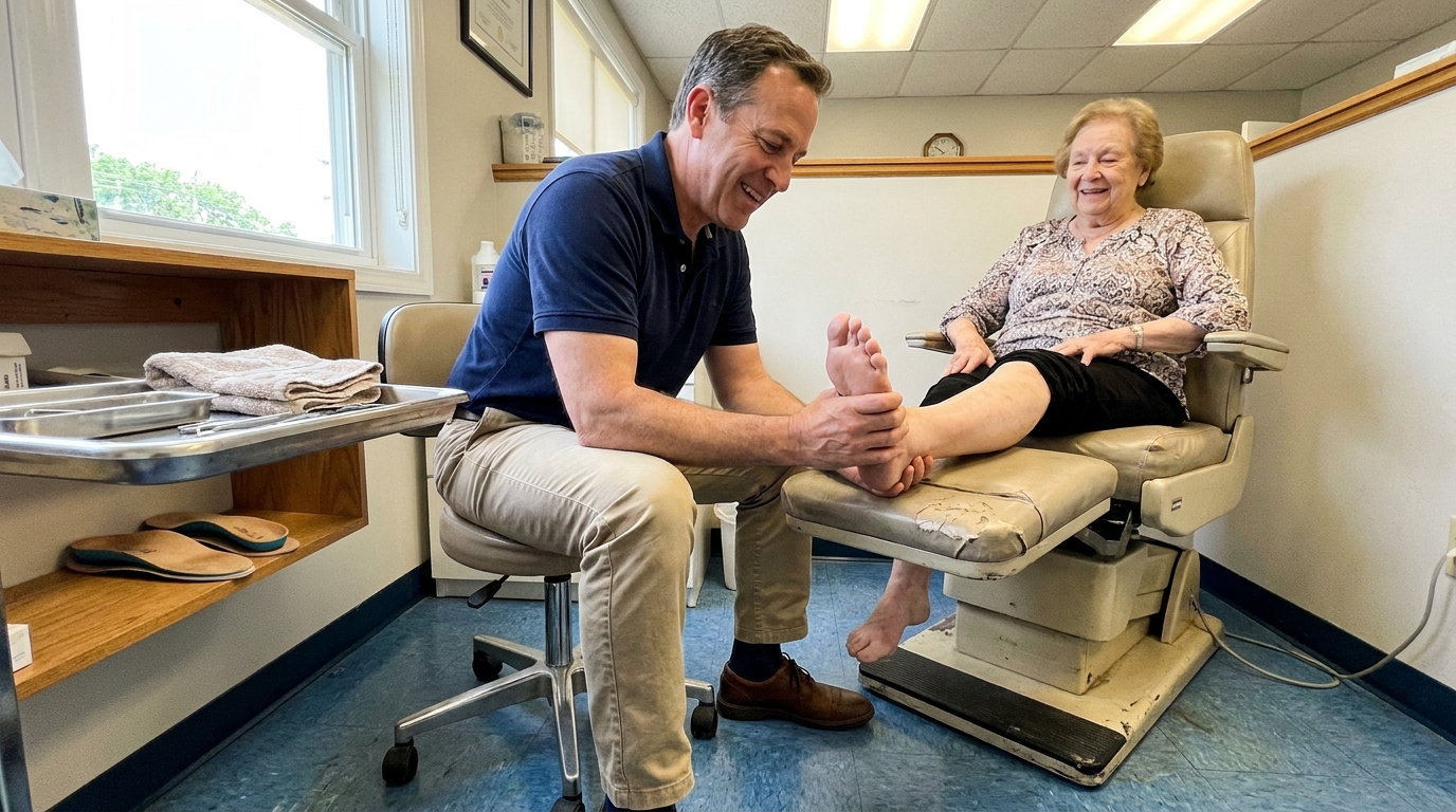 A podiatrist gently examining a patient's foot in late-morning light