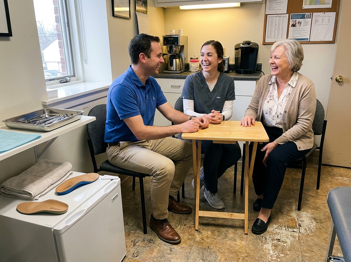 Three podiatry clinic team members sharing a relaxed moment in a break area