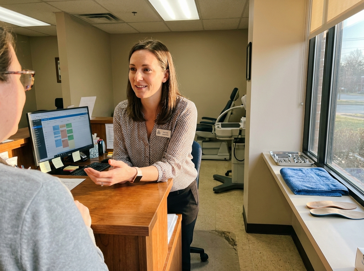 A calm receptionist at a podiatry clinic front desk talking to a patient