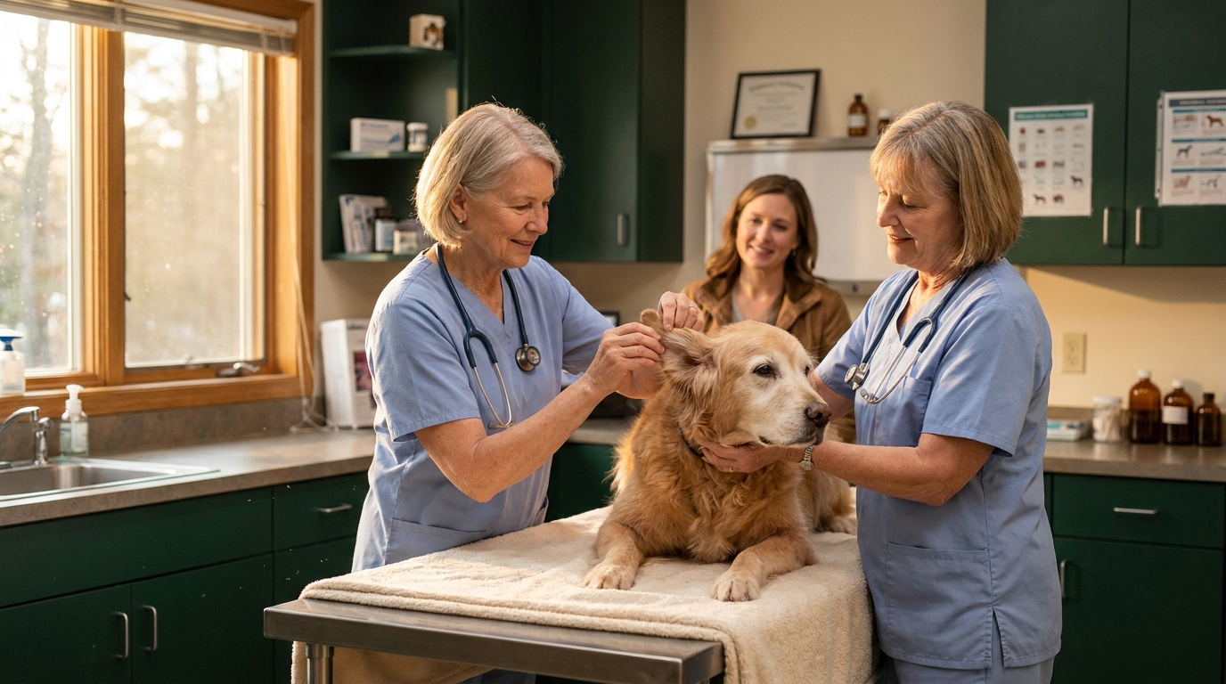A vet examines a calm dog in afternoon light