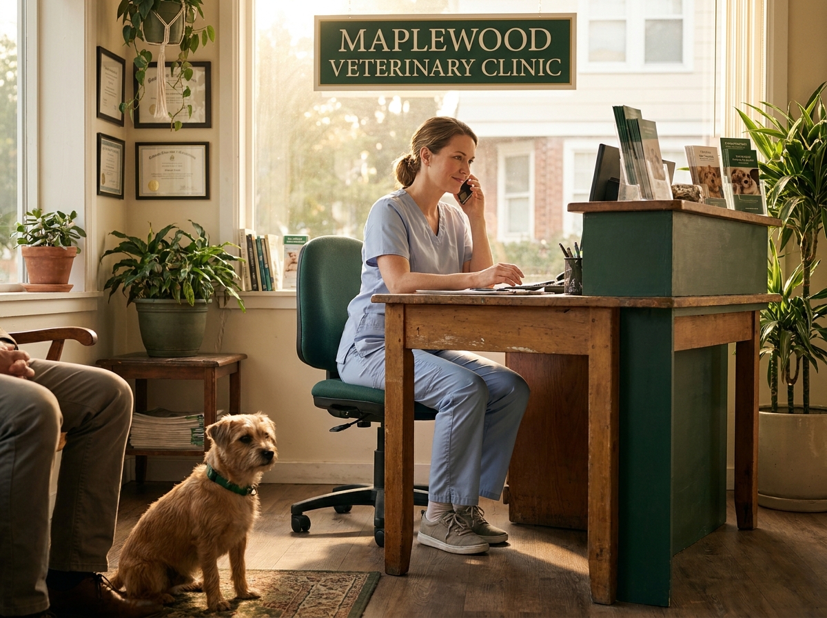 A calm reception staff member at the front desk with a patient dog nearby